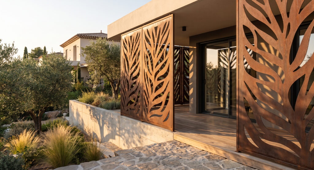 Claustra décoratif en acier Corten pour terrasse de villa en Espagne