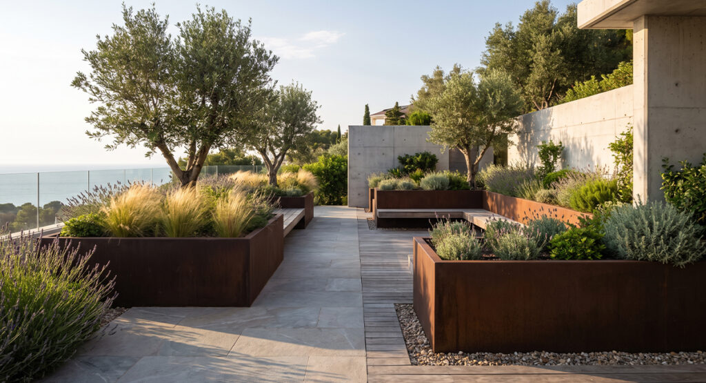 Jardinières en acier Corten pour aménagement paysager contemporain en Espagne
