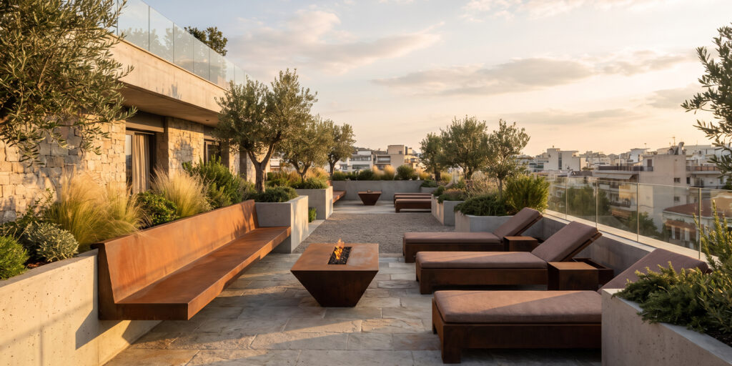 Mobilier extérieur en acier Corten sur terrasse contemporaine en Espagne
