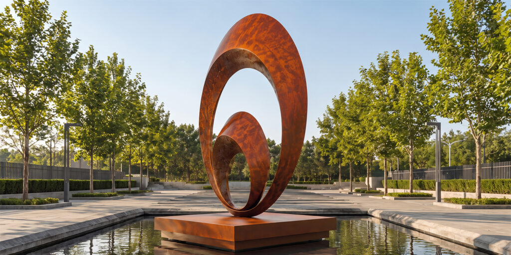 Sculpture monumentale en acier Corten dans un espace public en Espagne