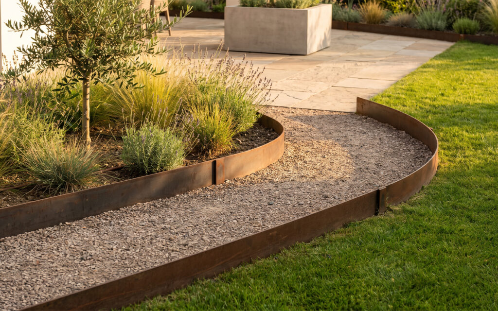 Solutions acier Corten en Espagne avec bordures paysagères pour jardin contemporain
