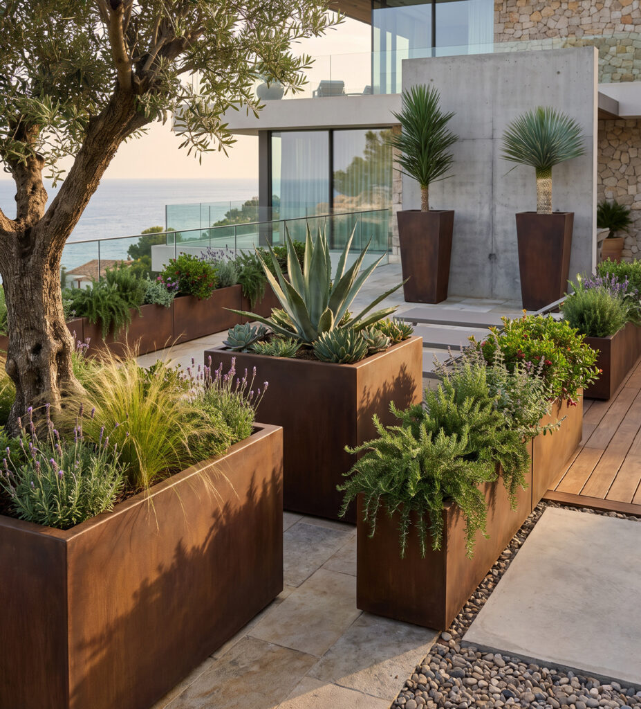 Solutions acier Corten en Espagne avec jardinières sur mesure pour terrasse contemporaine