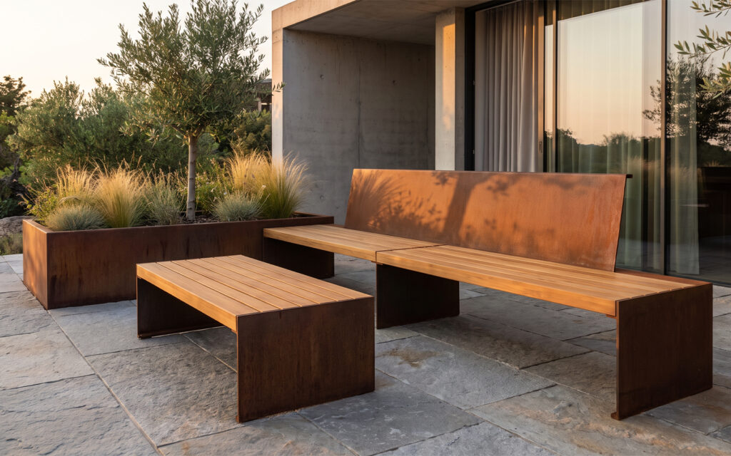 Solutions acier Corten en Espagne avec banc, table et jardinière pour terrasse