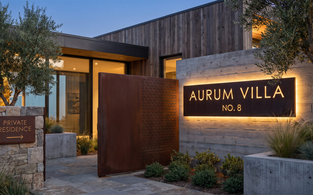 Solutions acier Corten en Espagne avec signalétique et portail pour villa contemporaine