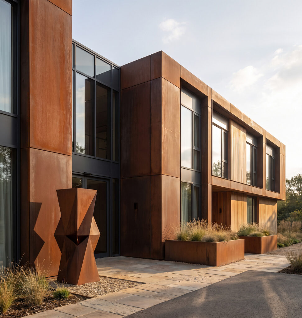 Solutions acier Corten sur mesure en Espagne avec façade, jardinières et sculpture